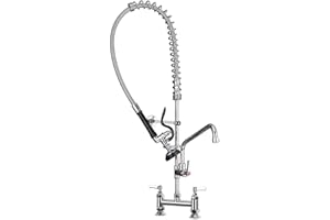 POUGEO Mini Deck Mount Commercial Pre-Rinse Mixer Taps 7 Inch Kitchen Sink Faucet with Add-On Swing Nozzle and Pull Out High-Pressure Sprayer, Twin 7" Bridge Tap