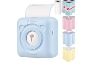 Bisofice Stampante fotografica A6, mini stampante termica tascabile, stampante portatile senza fili BT per etichette per appunti con 12 rotoli di carta termica 57 x 30 mm, blu