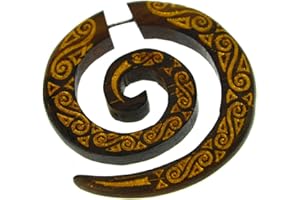 CHICNET Fake Piercing orecchino 1 mm spirale oro dipinto a spirale modello legno marrone spirale allungabile gancio tribale orecchio gioielli, Legno