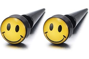 COOLSTEELANDBEYOND Amarillo Cara Sonriente Negro Pendientes de Hombres Mujer Muchachos Niños, Pendientes Lobo, Pico Cierre Tornillo