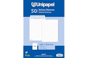Unipapel - Sobres Papel Blancos 100g, 229x324mm, 50 Unidades, Tipo Bolsa, Tira Autoadhesiva Silicona Autodesk, Apertura Superior, FSC, Documentos A4 Sin Pliegues