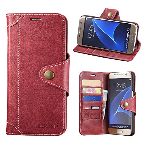 Funda Galaxy S7  Lensun Funda de Cuero Genuino con Cartera para Tarjetas y Cierre Magnetico para Samsung Galaxy S7 5 1  - Rojo Vino  S7-GT-WR 
