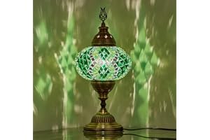 DEMMEX Turkish Moroccan Mosaic Table Bedside Night Lamp, Tiffany Style Colorful Handmade Glass Mosaics Unique Oriental Exotic Table Lamp, 16cm Big Size Globe, 36cm Height, Handmade in Turkey (Green)