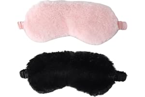 marysgift Sleep Eye Mask 2 Pcs Plush Sleep Masks Blackout Soft Fluffy Eye Covers Sleep Blindfold for Women Kids Black and Pink, YZ0046