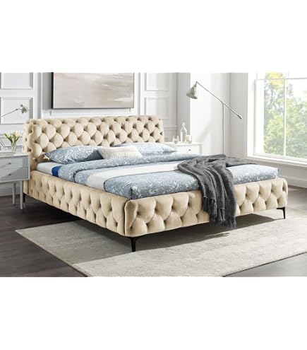 Doppelbett Paris 180x200 Cm – Chesterfield Polsterbett In Champagner Samt, Mit Kopfteil