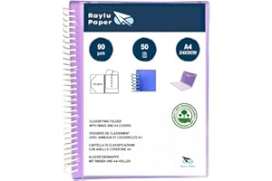 Raylu Paper® – Carpeta clasificadora con anillas fundas transparentes A4 de 90 micras y sobre con cierre adhesivo, tapa personalizable. Carpeta de fundas 100% biodegradable. (50 Fundas, Violeta)