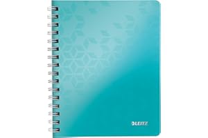 ‎LEITZ Leitz WOW Collegeblock A5 kariert, 160 Seiten, 80 Blatt FSC-zertifiziertes Papier 80 g/m², Doppelspiralbindung, PP-Einband, Notizbuch mit Sichthülle und Lineal, Für Büro oder Schule, Eisblau, 46410051