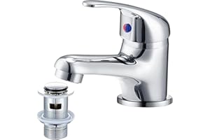 WasserRhythm Bathroom Sink Taps with Pop up Waste Mono Basin Taps Single Lever Chrome Hot and Cold Mixer Tap