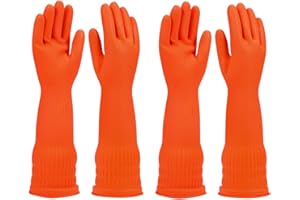 YSLON Cleaning dishwashing long gloves Rubber kitchen dish glove 2 Pairs Reuseable.(Orange,Large)
