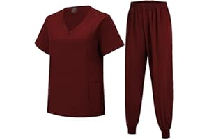 Meichoon Zestaw mundurów medycznych krótki rękaw dekolt w serek top ze zwężanymi spodniami elastyczny pot chłonny miękki pranie ręczne estetyczny medyczny DK06