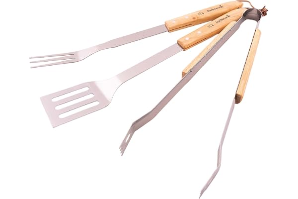 Barbecook kit ustensiles barbecue avec spatule, fourchette et pince à barbecue en acier inoxydable et manche en bois de bouleau