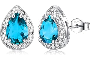 SNORSO Clous D'oreilles Argent Pour Femme Fille,Boucles d'oreilles Zircon Cubique Carré/Rectangle/Coeur/Goutte d'eau/Ronde, Boucles d'oreilles Pierre de Naissance Coloré,Cadeau Anniversaire Mariage