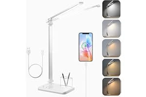 rigors Lampa biurkowa LED do domowego biura - lampa biurkowa z podwójnym wysięgnikiem i portem ładowania USB, 5 trybów kolorów 10 poziomów jasności Lampa biurkowa do ochrony oczu (czarna) (Biały)