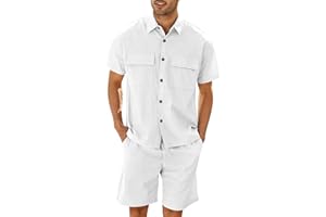 RUNCATI Conjunto de lino de 2 piezas para hombre, camisa y pantalones cortos, manga corta, ropa de verano