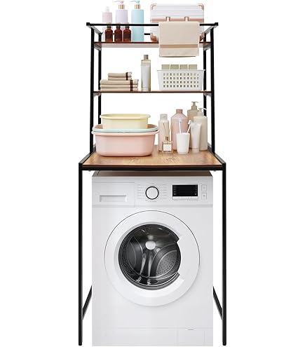 Brride Washing Machine Rack 3 Tier Bathroom Shelf 69 x 60 x 176 cm Bathroom Rack Washing Machine Dryer Space Saving Standing Rack Hanging Shelf White Clamp Marbled Cardboard