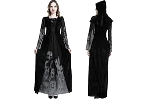 Bkpaweero Costume Halloween Donne, Costume da Strega Teschio Terrore Vestito Fantasma Sposa Abito Svasato con Lacci Incrociati a Maniche Lunghe Abito da donna con cappuccio da strega