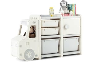 COSTWAY Regał na zabawki, 2 poziomy, regał dziecięcy z szafą i pudełkami do przechowywania, regał na książki dla dzieci, do pokoju dziecięcego, do przechowywania zabawek, 110 x 32 x 66 cm (samochód,