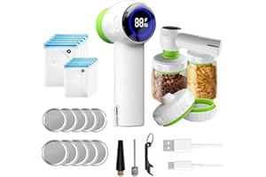 JAYOUHE Portable Vacuum Sealer Set, Rechargeable Food Vacuum Sealer Machine Sealing for Dry Food, with 10Pcs Reusable BPA-Free Seal Bags and 10 Marson Can Lids, Bag Sealer for Meat Vegetables Food Storage