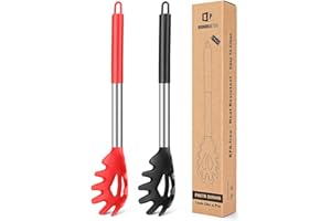BUNDLEPRO Juego de 2 Tenedores Grandes de Pasta de Silicona, Cuchara para Fideos, Servidor de Espaguetis, Multifuncional Utensilios de Cocina（Negro-Rojo）