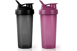 AOGOE 2 PCS Protein Shaker 600ml, Proteína Shaker a Prueba de Fugas con Bola Mezcladora, Botella Mezcladora de Batidos de Proteínas, Taza para Batidos de Proteínas para Fitness (Negro + Morado)