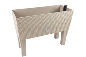 PROSPERPLAST Jardinera alta rectangular 30 litros con autorriego color mocca 60 x 25 x 46 cm con patas