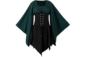 FJKVKDT Vestido medieval para mujer, con mangas de trompeta, renacentista, disfraz medieval, corsé para Halloween, vestido victoriano