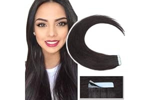 Silk-co Tape on Hair Extensions 22inch Real Remy Invisible Glue Straight Human Hair Extension Tape in Skin Weft 10 Pcs #1B Natural Black