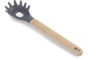 LACOR 68189 Cuchara de Pasta Silicona Unite, Servidor de Espaguetis Profesional, Mango de Madera de Haya, No Daña la Sartén, Resistente a Altas Temperaturas, Libre de BPA, 32.5 cm, Gris