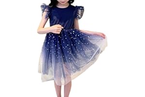HEOXIN Niñas de Verano de Estrellas Gradiente de Malla Vestido de Tul, Manga con Volantes A-Line Princesa Puffy Vestidos, Cuello Redondo Swing Vestido Holiay Fiesta para 4-11 Años, Azul