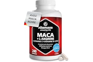 VITAMAZE - AMAZING LIFE Maca Noire Complexe avec L-Arginine 450mg, Trois types de Maca Andine (Noire, Jaune et Rouge) + Vitamines C et B + Zinc, 240 Gélules, Racine de Péruvienne des Andes, Qualité Allemande, Vitamaze
