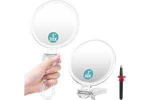 Auxmir Specchio Ingranditore Bifacciale 1X/30X, Specchio Trucco con Manico, Specchio Portatile da Viaggio, Pieghevole, Compatto, Appendibile, Specchio a Mano per Trucco, Cura del Viso