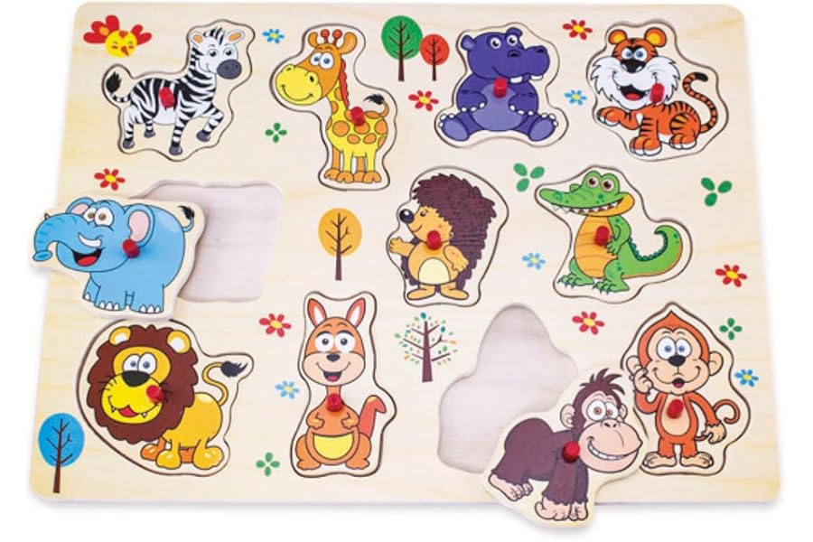 Snookums Wooden Peg Wild Animals Puzzle for Toddlers with 11 Pieces | Educational Toys Kids Age 2-4 | Great Preschool Gifts f