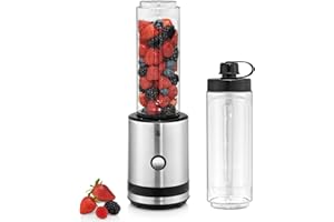 ‎WMF WMF Küchenminis Smoothie-to-go, Smoothie Maker klein, Mini Standmixer mit zwei Mix-/Trinkbehältern 0,6l, 300 W, edelstahl matt