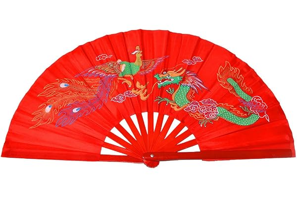 Bambu fläktar traditionella kinesiska motiv dekoration, Dragon And Phoenix röd bakgrund