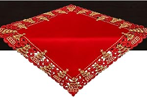 Grelucgo Small Embroidered Red Christmas Holiday Holly Tree Tablecloth, Square 33 By 33 Inch