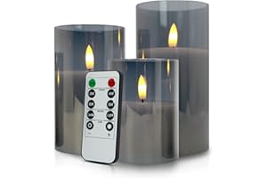 SHEDALED Glass Flameless Candles with Timer & Remote Control, Battery Operated Flickering Candle, Gray Glass LED Candles Gift Set, Set of 3 Pillar Battery Candles of 4" 5" 6" for Home Decor