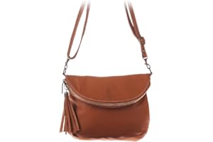 Firenze ARTEGIANI. Borsa da donna in vera pelle, con aletta mezza luna. con finitura Savage Tatto morbido Made in Italy 23 x 19 x 4 cm. Colore: cuoio