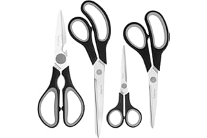 Vutyvve Lot de 4 paires de ciseaux de cuisine, lames en acier inoxydable, poignée souple, multifonctionnel, noir/gris