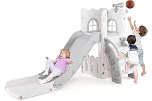COSTWAY 6 en 1 Toboggan Enfant en HDPE avec Panier de Basket & Télescope, Aire de Jeux Intérieure avec Échelle & Espace de Rangement, Cadeaux pour Garçons et Filles de 12 Mois+ (Gris+Blanc)