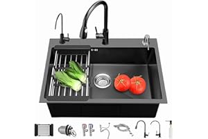 Coubird Kitchen Sink Black Stainless Steel Undermount/Topmount Small Single Bowl Kitchen Sink with Drainer Fittings Suitable for Kitchens, Bars and Utility Rooms(50x45cm)