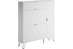 UEV Armoire à Chaussure Inclinable, Meuble à Chaussure pour 16 Paires de Chaussure, Rangement Chaussure, Etagère Caché et Cabinet Botte sur Côté (Blanc)