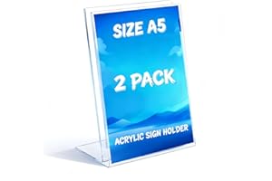 Toowood A5 Acrylic Sign Holder, 2Pack L-Shaped Clear Slant Display Stand, Menu Holder, Posters, Brochures, Flyers, Signs, Ideal for Restaurants, Bars, Offices & Stores