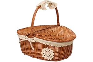 Suszian H-Woven Picnic Basket Storage Basket, Picnic Basket Handmade Camping Wicker Picnic Basket Shopping Storage Basket with Lid and Wooden Handle