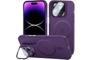 Tigratigro Case with Kickstand, Compatible Mag-Safe with iPhone 14 Pro Max, Tempered Glass H9 Camera Protection, Frosted Translucent Back Cover, Anti-Fingerprint, Velvet Touch(Dark Purple)