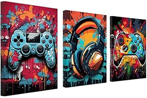 KEPUARM 3 Pcs 16" x12'' Framed Gaming Room Decor Canvas Wall Art Video Game Art Prints , Gaming Theme Watercolor Posters Prints for Boys Kids Teen Game Room Bedroom Playroom Wall Decor (12x16inch,Colorful)