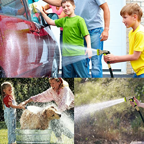 Flexibler Gartenschlauch Set 15M inkl. Brause Düse mit 9 Funktionen, Leicht Wasserschlauch mit Verstärktem Gewebe für Bewässerung Gartenarbeit Autowäsche Reinigung Haustier, Messing Zubehör, 3-fach Dehnbar bis 15M - 6