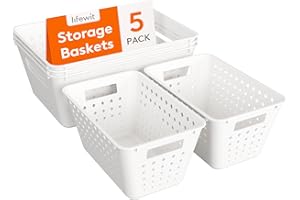 Lifewit Juego de 5 cestas de almacenamiento de plástico, apilables para organizar, contenedores abiertos multitamaño, para estantes, cocina, baño, oficina, armario, 3 grandes y 2 pequeños, color negro