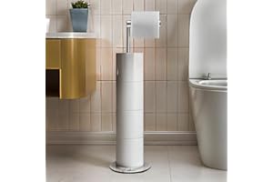 Ewhare Silver Free-Standing Toilet Roll Holder with Heavy Duty Weighted Base, Stainless Steel Bathroom Toilet Paper Stand with Reserve Storage, Rustproof and Space-Saving Design
