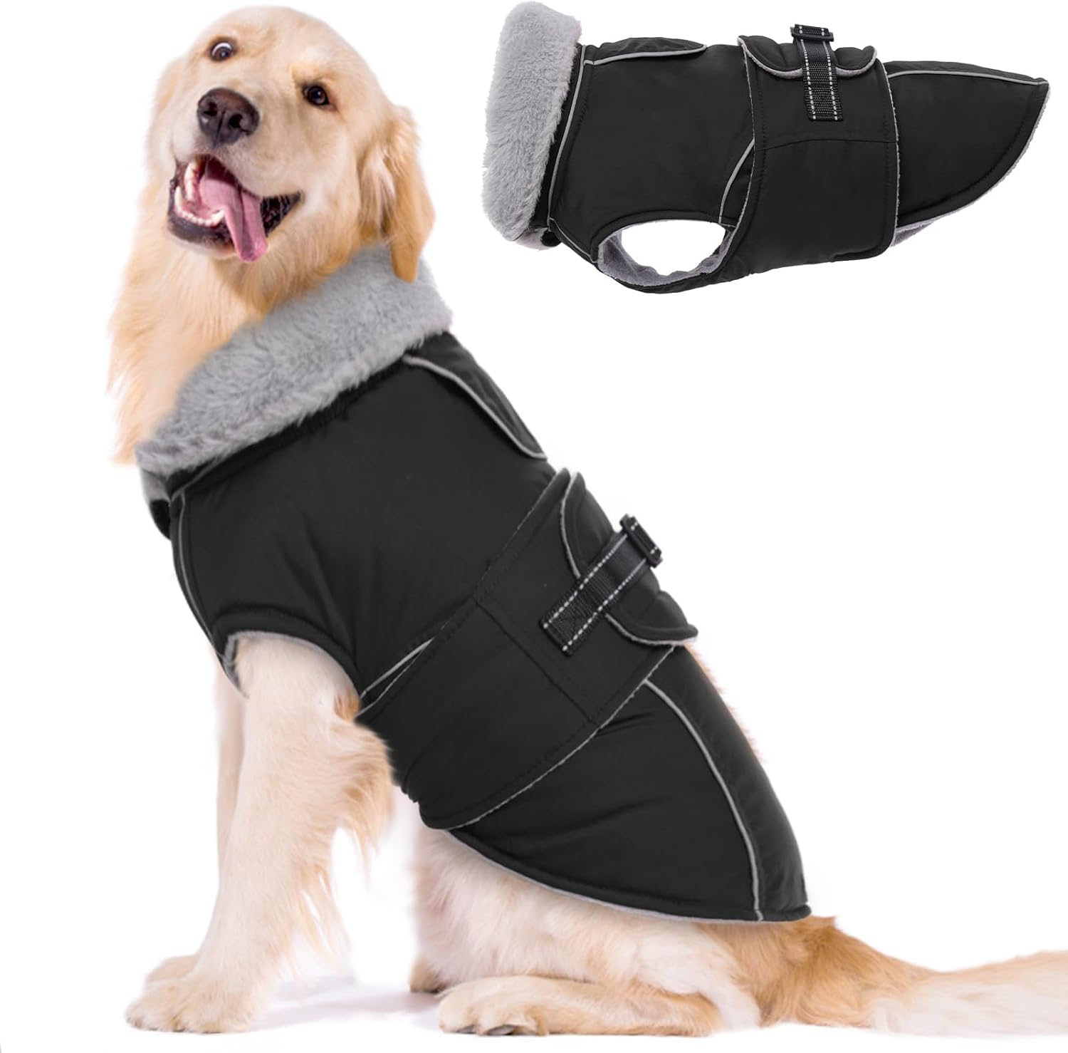 Lelepet Warm Coats and Jackets for Dogs, Waterproof Winter Dog Coat for Cold Weather, Reflective Dog Puffer Jacket, Fleece Lining Pet Coat with Harness Hole for Extra Large Dogs, Black 3XL