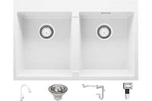 Fregadero de Cocina 78 x 50 cm, Fregadero Granito 2 Senos + Grifo + Sifón Clásico, Fregadero Empotrado con Escurridor Oslo 80 Twin de Primagran, Blanco
